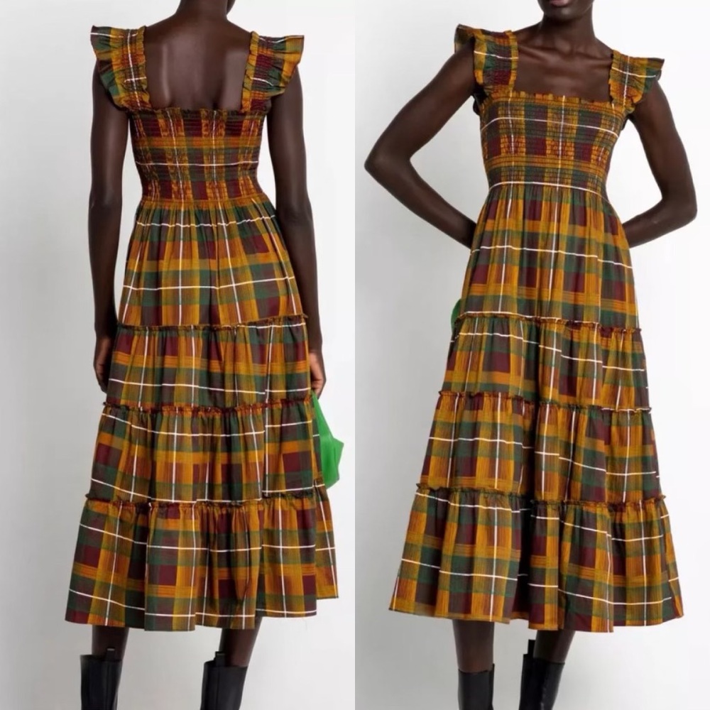 NWOT O.P.T. Anthropologie Calypso Smocked Tiered Plaid Ruffle Midi Dress Medium